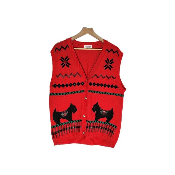 Vtg 90s Scottish Scottie Dog Red Plaid Knit Sweater Vest Preppy Fair Isle Large - Picture 1 of 8